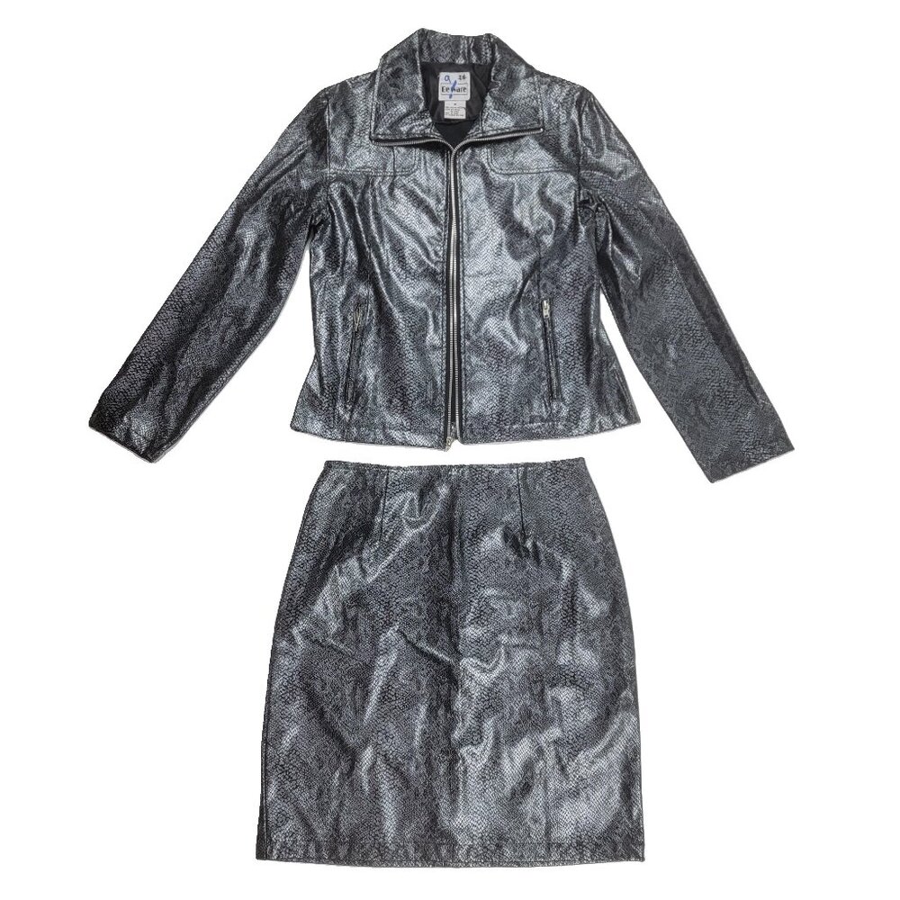 Vintage Y2K Club Kids Metallic Snake Print Moto Jacket & Skirt Set Silver Black